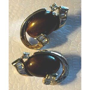 Crown Trifari Caravan Kashmir  Bombay Brown Thermoset Cabochon Clip Earrings